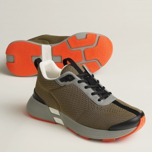 Hermes Heros Sneakers in Khaki Technical Knit