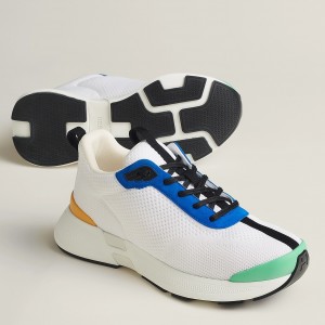 Hermes Heros Sneakers in White Knit and Blue Suede 