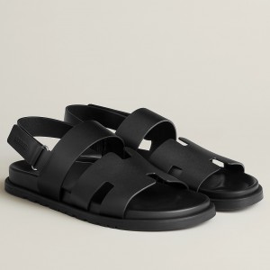 Hermes Men's Genius Sandals In Black Calfskin 