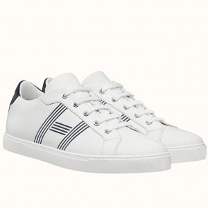 Hermes Avantage Sneakers In White/Blue Calfskin