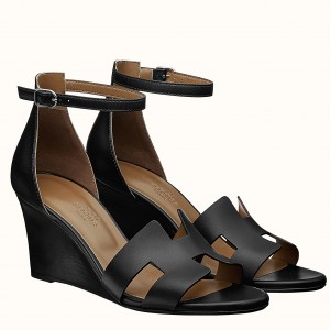 Hermes Legend Wedge Sandal In Black Calfskin