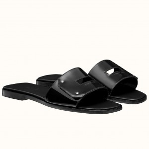 Hermes View Sandals In Black Patent leather