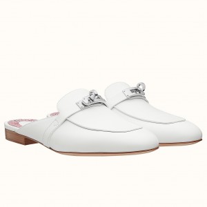 Hermes Oz Mules In White Calfskin Leather