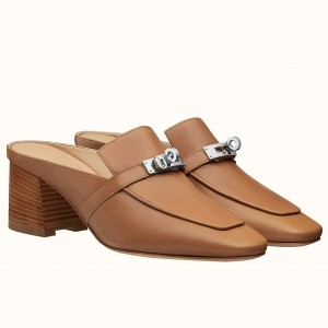 Hermes Blossom Mules In Brown Goatskin