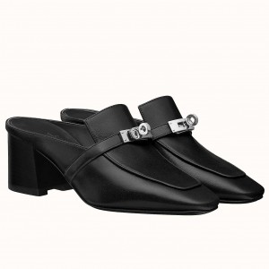 Hermes Blossom Mules In Black Goatskin