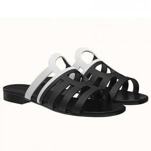 Hermes Camelia Sandals In Black/White Calfskin