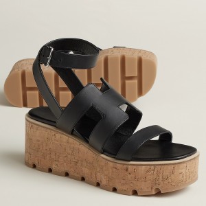 Hermes Havane 30 Sandals in Black Calfskin Leather 