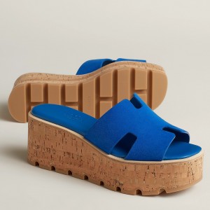 Hermes Eze 30 Cork Platform Sandals in Blue Suede Leather