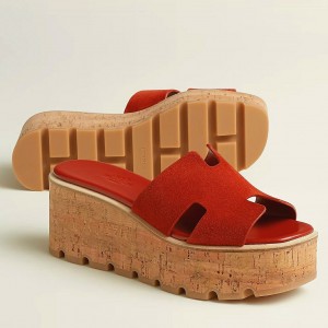 Hermes Eze 30 Cork Platform Sandals in Piment Suede Leather 