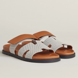 Hermes Women's Chypre Sandals In Canvas with Brown Leather 