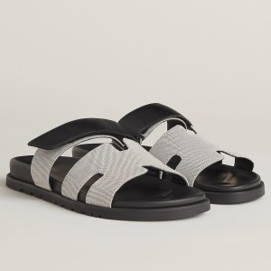 Hermes Women's Chypre Sandals In Canvas with Black Leather
