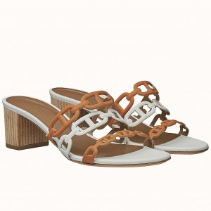 Hermes Tandem Sandals In Brown/White Lambskin