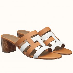 Hermes Amica 5mm Sandals In Brown/White Calfskin
