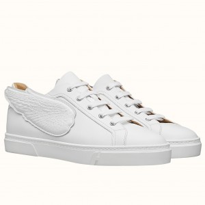 Hermes Velvet Sneakers In White Calfskin With Printed Wing Patch