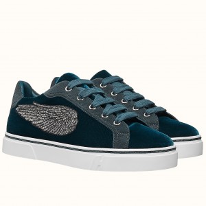 Hermes Velvet Sneakers In Blue Velvet With Embroidered Wing Patch