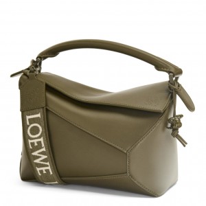 Loewe Puzzle Edge Small Bag In Khaki Green Satin Calfskin