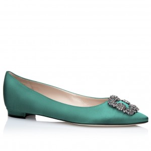 Manolo Blahnik Hangisi Flats In Green Satin