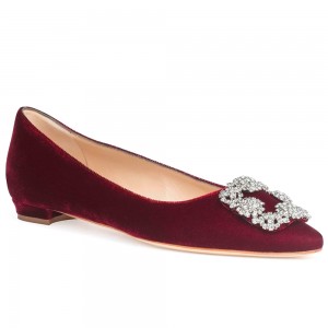 Manolo Blahnik Hangisi Flats In Red Velvet with Crystal Buckle