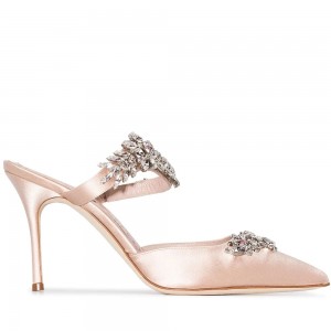 Manolo Blahnik Lurum 90mm Mules In Nude Satin With Crystal