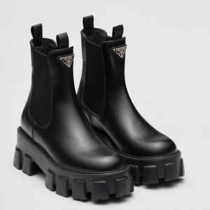 Prada Monolith Ankle Boots in Black Brushed Leather 