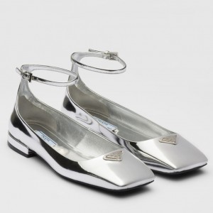 Prada Ballerinas In Silver Metallic Leather
