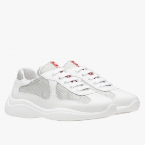 Prada White Leather And Fabric Sneakers