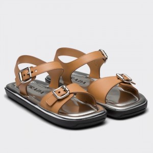 Prada Double-strap Sandals In Brown Leather
