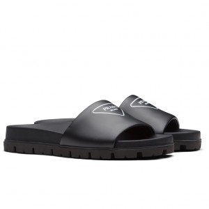 Prada Slide Sandals In Black Leather