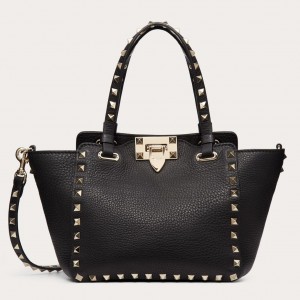 Valentino Mini Rockstud Tote In Black Grain Calfskin