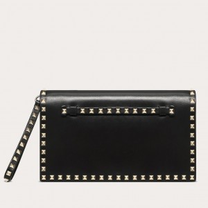 Valentino Medium Rockstud Clutch In Black Calfskin