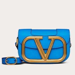 Valentino Small Supervee Crossbody Bag In Neon Blue Leather