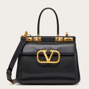 Valentino Medium Rockstud Alcove Top Handle Bag In Black Calfskin