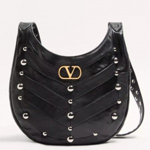Valentino Hoboho Small Hobo Studs Bag in Black Nappa Leather