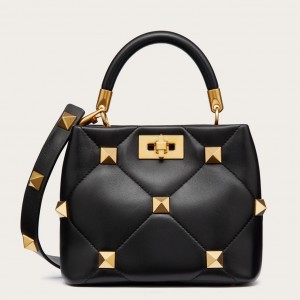 Valentino Small Roman Stud Top Handle Bag In Black Nappa