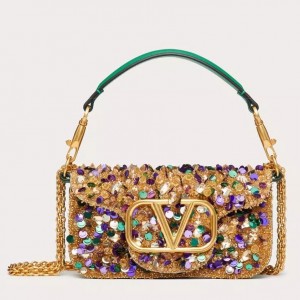 Valentino Small Loco Shoulder Bag with Gold 3D-effect Embroidery