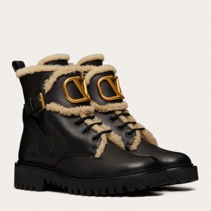 Valentino VLogo Combat Boots In Calfskin and Shearling 