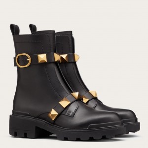 Valentino Roman Stud Combat Boots In Black Calfskin