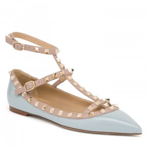 Valentino Caged Rockstud Ballet Flats In Light Blue Patent Leather