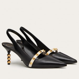 Valentino Black Rockstud Slingback Pumps With Sculpted Heel