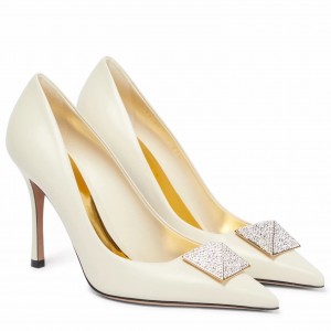 Valentino One Stud Pumps 100mm in White Nappa Leather with Crystal
