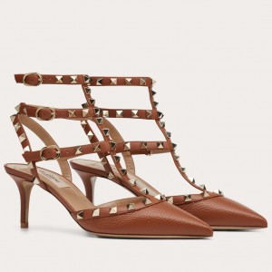 Valentino Rockstud Ankle Strap 65mm Pumps In Brown Leather