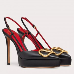 Valentino VLogo Signature Slingback Platform Pumps 120mm In Black Calfskin