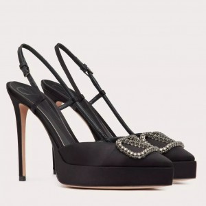 Valentino VLogo Signature Slingback Platform Pumps 120mm In Black Satin