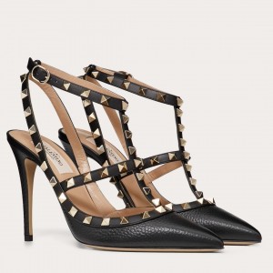 Valentino Rockstud Ankle Strap Pump 100mm In Black Grainy Calfskin