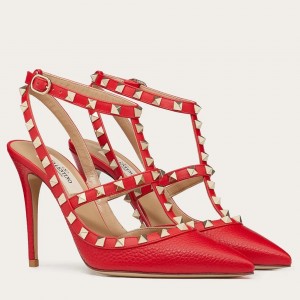 Valentino Rockstud Ankle Strap 100mm Pumps In Red Leather
