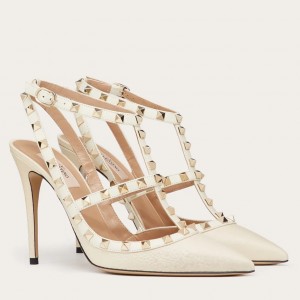 Valentino Rockstud Ankle Strap 100mm Pumps In White Leather