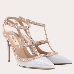 Valentino Rockstud Caged Pump 100mm In Pale Blue Patent Leather