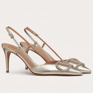 Valentino VLOGO Slingback 80mm Pumps In Platinum Lambskin