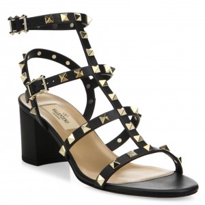 Valentino Black Rockstud Block Heel Cage Sandal