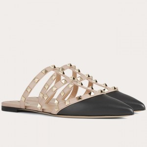 Valentino Rockstud Flat Mules In Black Nappa Leather